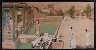 Antique Chinese Export Painting On Paper Figures In A Courtyard In Wooden Frame