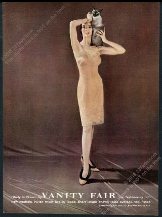 1958 Vanity Fair Lingerie Slip Siamese Cat Woman Photo Vintage Print Ad