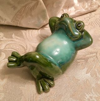 Chillin Reclining Green Glazed Ceramic Frog Figurine Figure