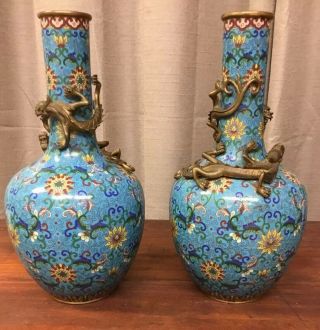 Pair Chinese Cloisonne Bronze Dragon Vases Qianlong or Qing 18/19 th c 10