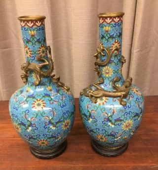 Pair Chinese Cloisonne Bronze Dragon Vases Qianlong or Qing 18/19 th c 12