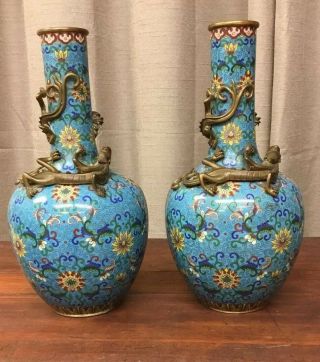 Pair Chinese Cloisonne Bronze Dragon Vases Qianlong Or Qing 18/19 Th C