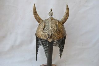 Vintage Indo Persian Mughal Islamic Devil Horn Brass Engraved Khula Khud Helmet