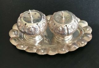 Sterling Silver Pumpkin Salt And Pepper Shaker Set With 5 " Tray Mexico 65g