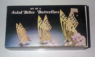 Vintage Set Of 3 Solid Brass Standing Butterflies