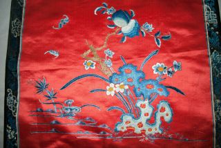 Vintage Oriental Silk Embroidery Panel With Bats,  Flowers - Museum Deaccession 3