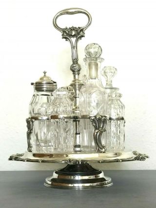 Antique Victorian Silver Plated Cruet Set - Cut Glass Bottles Elkington & Co