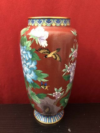 Large Vintage Chinese Cloisonné Enamel Flowers Butterfly & Bird Vase 12”