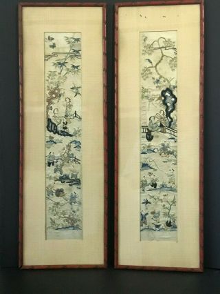 Antique Chinese Pair Embroidered Silk Embroidery With Frame