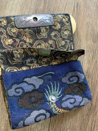 Meiji Japanese Silk Embroidery Tobacco Pouch Mixed Metal Dragon Netsuke 11