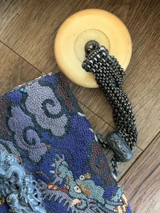 Meiji Japanese Silk Embroidery Tobacco Pouch Mixed Metal Dragon Netsuke 12