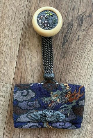 Meiji Japanese Silk Embroidery Tobacco Pouch Mixed Metal Dragon Netsuke