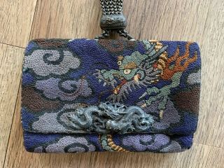 Meiji Japanese Silk Embroidery Tobacco Pouch Mixed Metal Dragon Netsuke 2