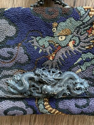 Meiji Japanese Silk Embroidery Tobacco Pouch Mixed Metal Dragon Netsuke 5