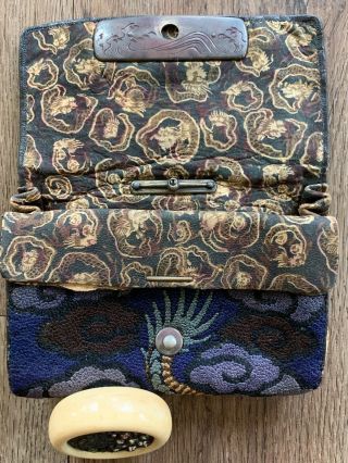 Meiji Japanese Silk Embroidery Tobacco Pouch Mixed Metal Dragon Netsuke 8