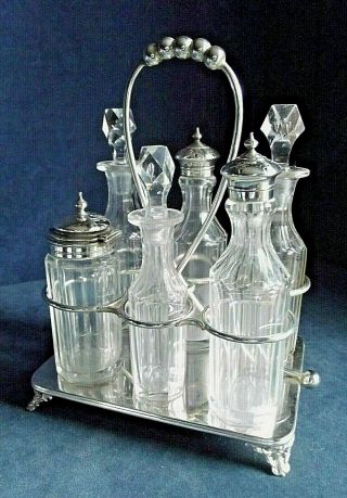 Large 6 Bottle Silver Plate & Glass Cruet Set C1900 By Johnson