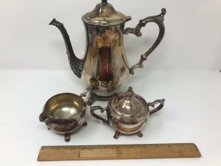 Vintage Coffee/Tea Pot Brass Silver Plate Coffee w/ sugar bowl and creamer 8