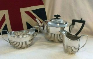 Antique Walker & Hall Tea Set Ebony Handled Half Gadroon Decorated Silver Plate