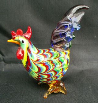 Art Glass Rooster Figurine Murano Style Hand Blown Colorful 3.  25 "