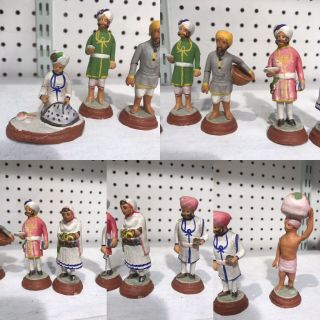 7 Antique Indian Hand Painted Pottery Statue Figures Of 7 Character Man & Woman