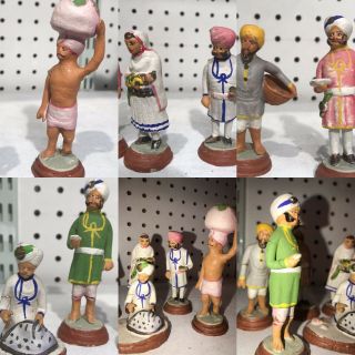 7 Antique Indian Hand Painted Pottery Statue Figures Of 7 Character Man & Woman 6