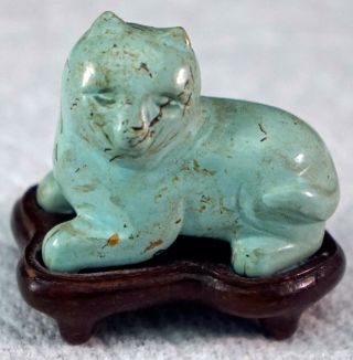 Cute Little Chinese Cat Carved From Turquoise Custom Made Wooden Stand