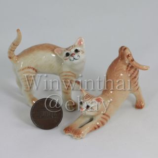 2 Orange Cats / Kitten Ceramic Statue Pottery Miniature Animal Figurine