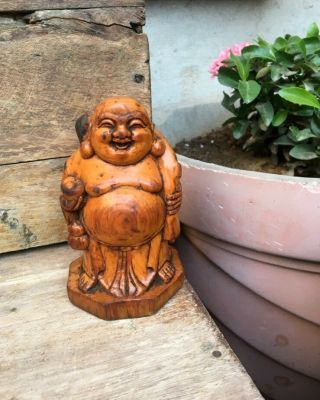 Vintage Old Wooden Hand Carved Desk Lucky Charm Laughing Buddha Statue