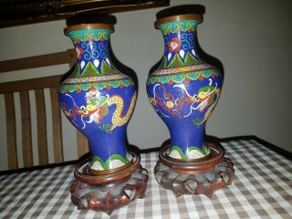 Pair Vintage Brass Copper Cloisonne Vases And Stands.  17cm High