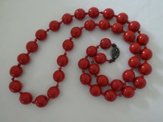 Old Chinese Silver & Smooth Cinnabar Red Lacquer Bead Necklace 87cm Long