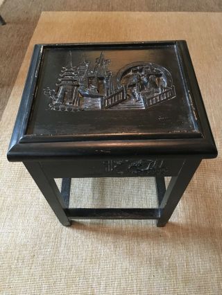 Vintage Ebonised Wooden Occasional Table Carved With Chinese Scenes