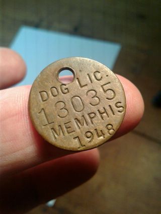 Dog License Tag Memphis Tn.  1948 Brass Tag 7/8 Inch Wide