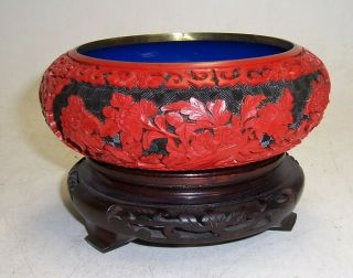 Vintage Chinese Cinnabar Lacquer Red Over Black Bowl Blue Enamel