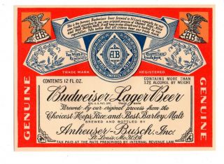 1930s Anheuser Busch Inc,  St Louis,  Missouri Budweiser Irtp 3.  2 Beer Label