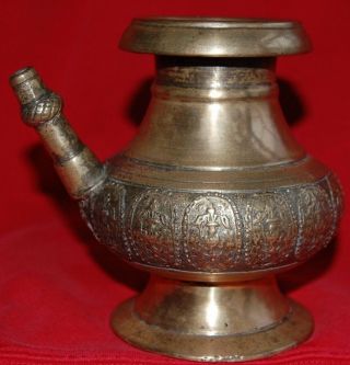 Antique Brass India Engraved Pot Lota Water Pitcher Vessel Hindu Ritual Temple