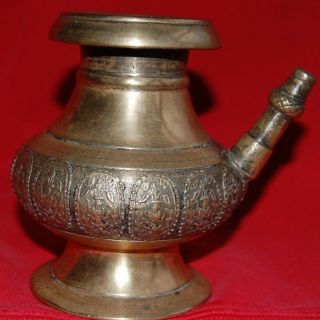 Antique Brass India Engraved Pot Lota Water Pitcher Vessel Hindu Ritual Temple 2