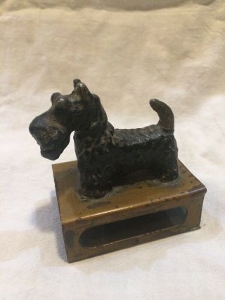 Antique Vintage Terrier Matchbox Holder Metal Scottie Dog Match Box Cover