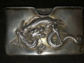 Antique Chinese Sterling Silver Card Case Depicting Fighting Dragons In Relief