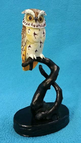 Unique Vintage 1950s Miniature Owl On A Branch Figurine Hand Painted Resin? Mcm
