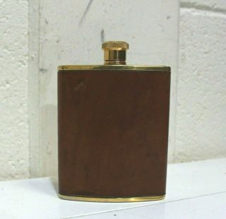 Vintage Tan Leather And Gold Plated Stainless Steel 6oz Hip Flask -