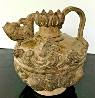 Antique Pottery Jug Chinese Fish Spout 6 " Tall 5 - 1/2 " Wide