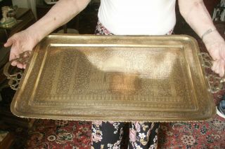 Old Antique Brass Moghul Temple Design 19th Century Large Brass Tray Indian Fine