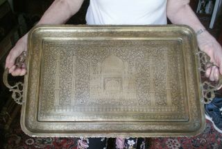 Old Antique Brass Moghul Temple Design 19th Century Large Brass Tray Indian Fine 2