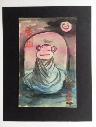 Lynda Barry Meditating Monkey On Black Paper Art Signed Stamped 2006