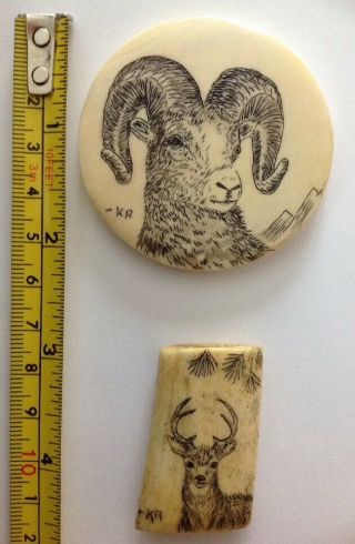 Vintage Hand Carved 2 Bovine Bone Scrimshaws Deer,  Goat Pendant Paperweight
