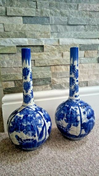 Large Pair Chinese Japanese Orientalist Hand Painted Blue White Bottle Vases 2