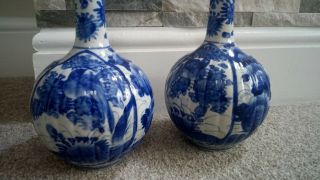 Large Pair Chinese Japanese Orientalist Hand Painted Blue White Bottle Vases 3