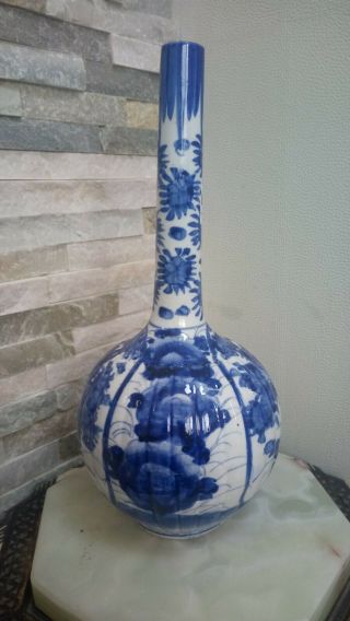 Large Pair Chinese Japanese Orientalist Hand Painted Blue White Bottle Vases 4