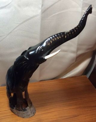 Vintage Carved Water Buffalo Horn Black Elephant Sculpture 14”