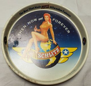 Htf Schlitz Beer Then Now Forever 50th Anniversary Of Wwii Tin Tray Pin Up Girl